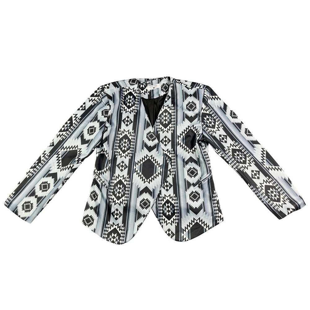 Crazy Train Womens Blue Grey Geometric Southwestern Open Front Blazer Large
